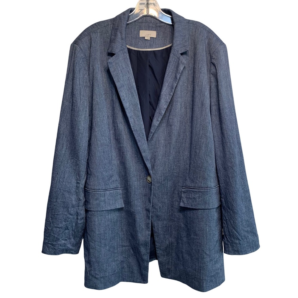 NWOT Loft Blazer 18 Blue Linen Blend Single Button Chambray Texture Jacket